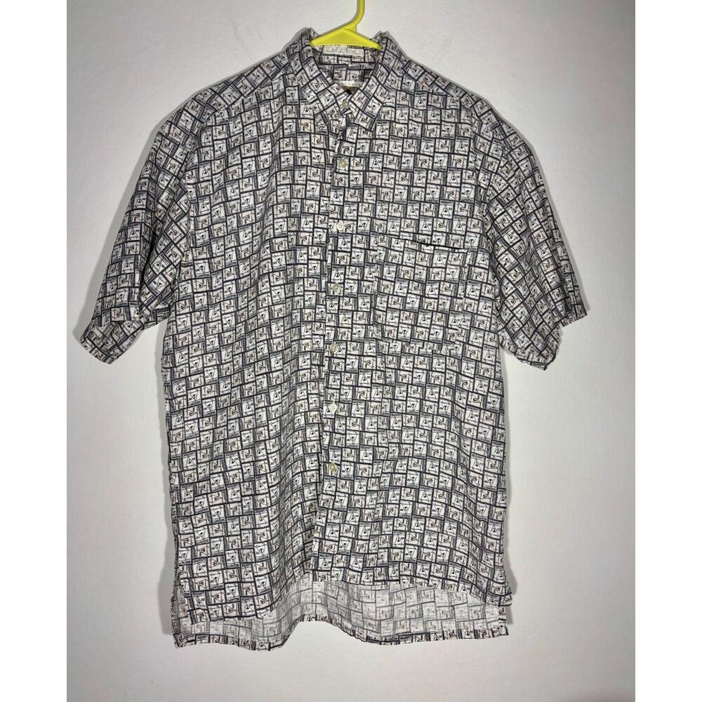 Perry Ellis M Linen Cotton Shirt Abstract Golf Print Short Sleeve Button Front